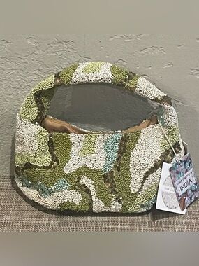 Handmade in India Beaded Hobo Bag in Olive, Cream & Teal Camoflauge pattern